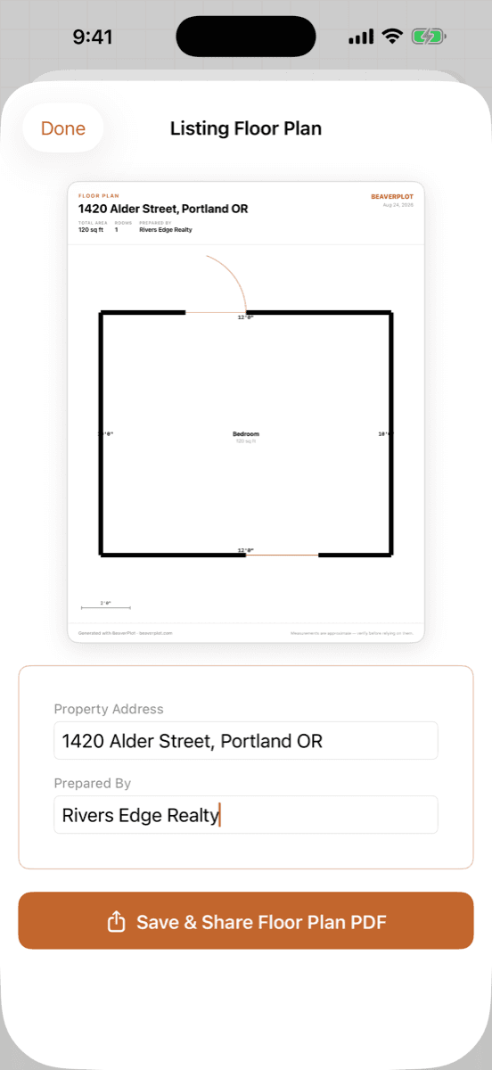 BeaverPlot's listing floor plan: a measured room drawn as a branded PDF, ready to share.