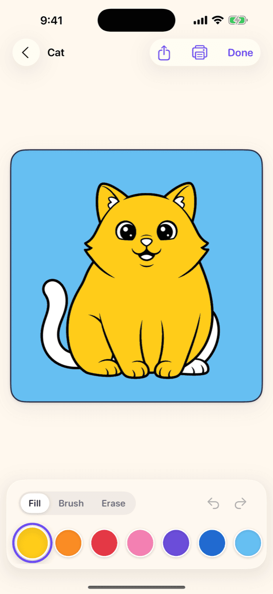 DoodlePlot's colouring mode: a cat outline filled bright yellow, with fill, brush and erase tools below.