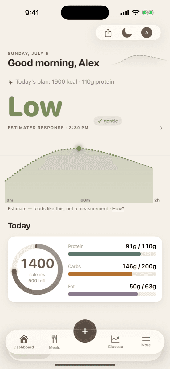 GlucoPlot's dashboard: a gentle estimated glucose curve after a logged meal, with today's calories and macros.